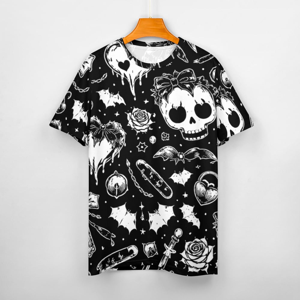 Women's Black & White Skulls Goth Pattern 100% Cotton T-Shirt - Image 2