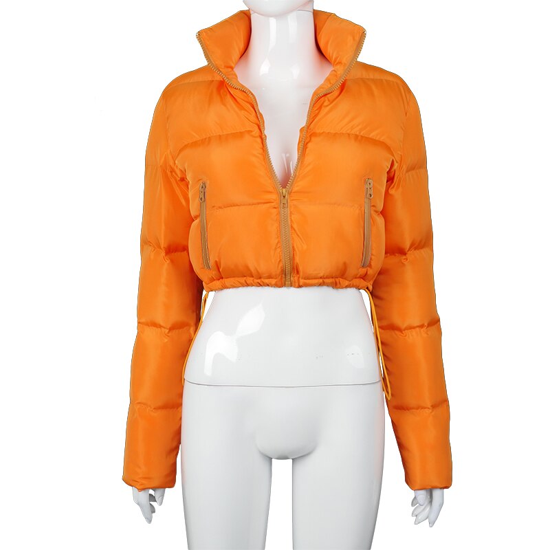Women's Cropped Orange Harajuku Style Zip-Up Puffer Parka - Image 6