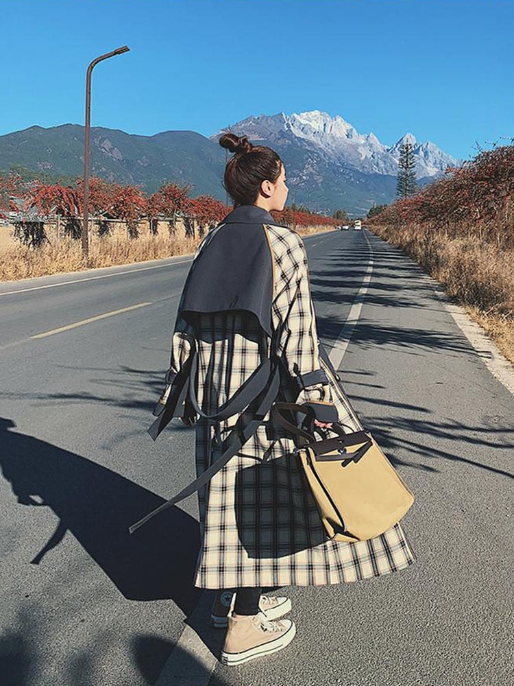 Women's Retro Plaid Patchwork Over-The-Knee Windbreaker Coat - Image 5