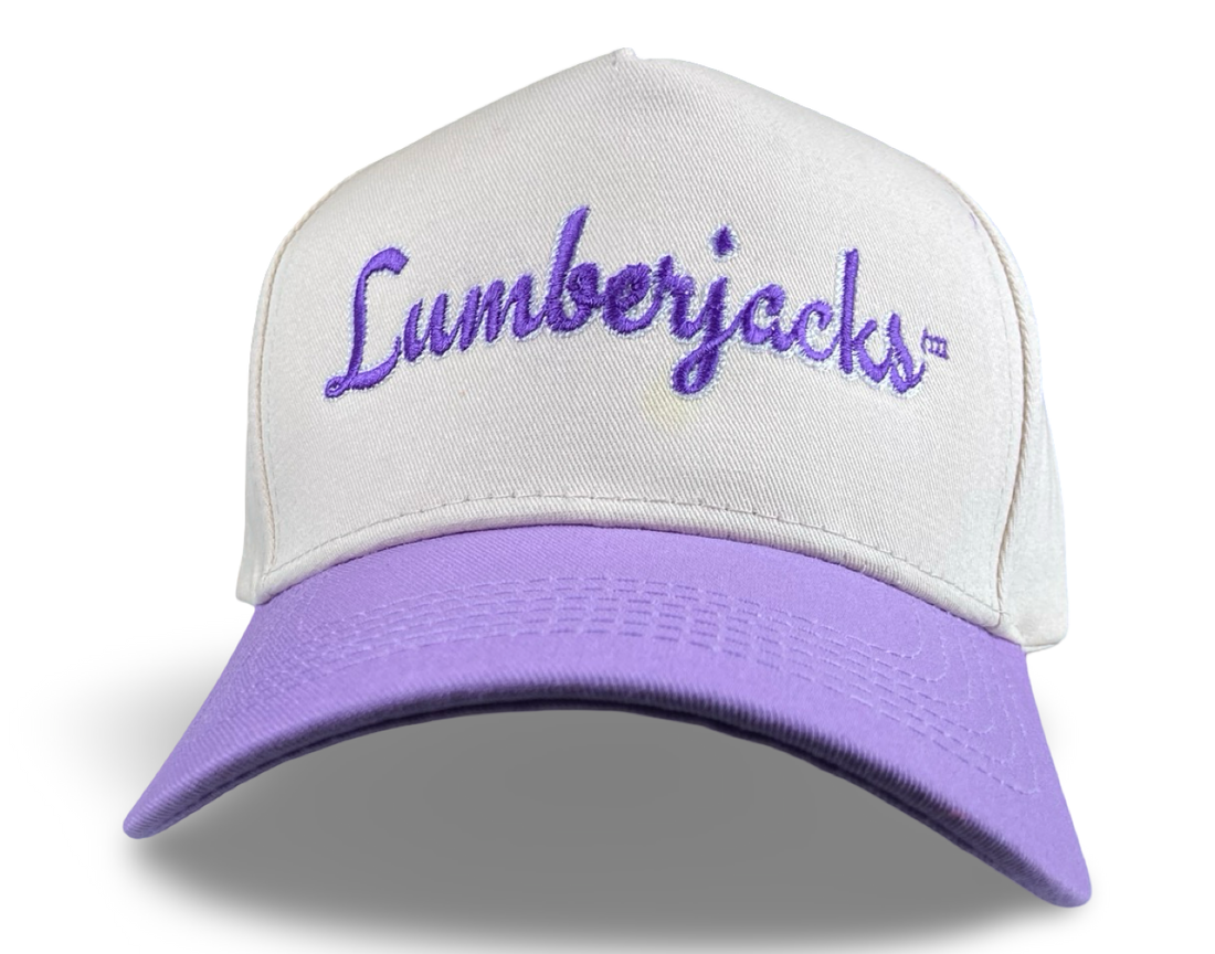 Lumberjacks trucker hat in white with purple script embroidery and purple bill