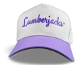 Lumberjacks trucker hat in white with purple script embroidery and purple bill