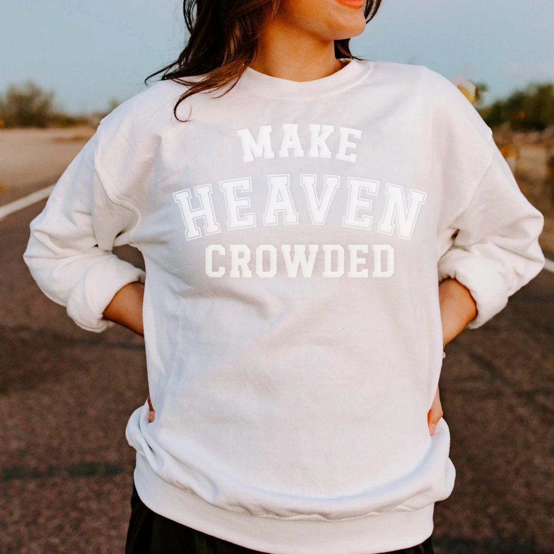 Make Heaven Crowded Puff Embossed Graphic Christian Sweatshirt for Women