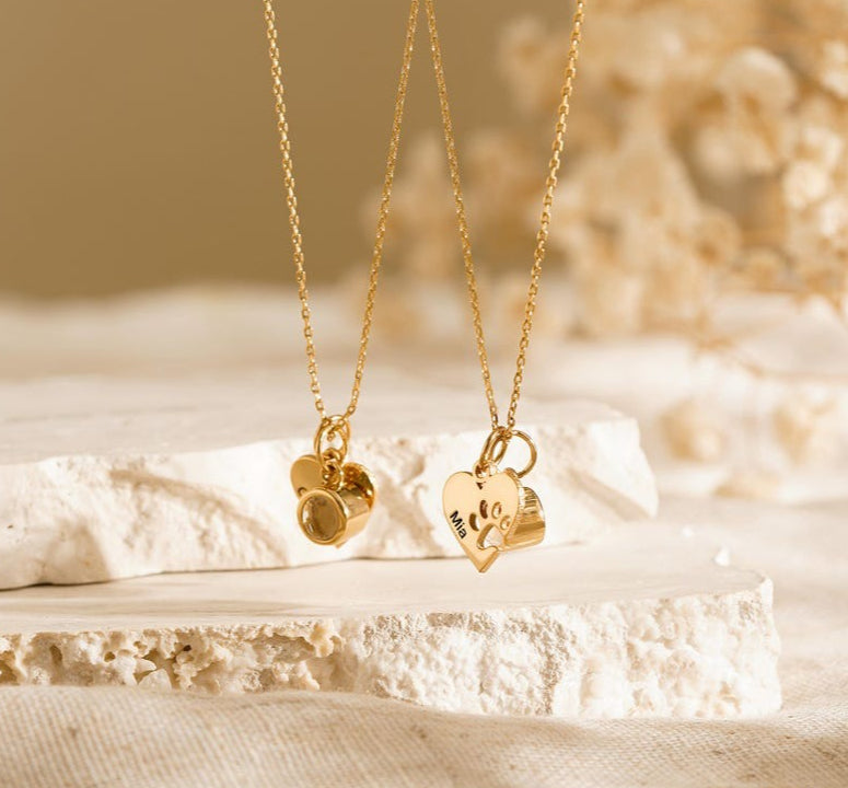 Personalized Gold Heart and Paw Print Photo Custom Necklace