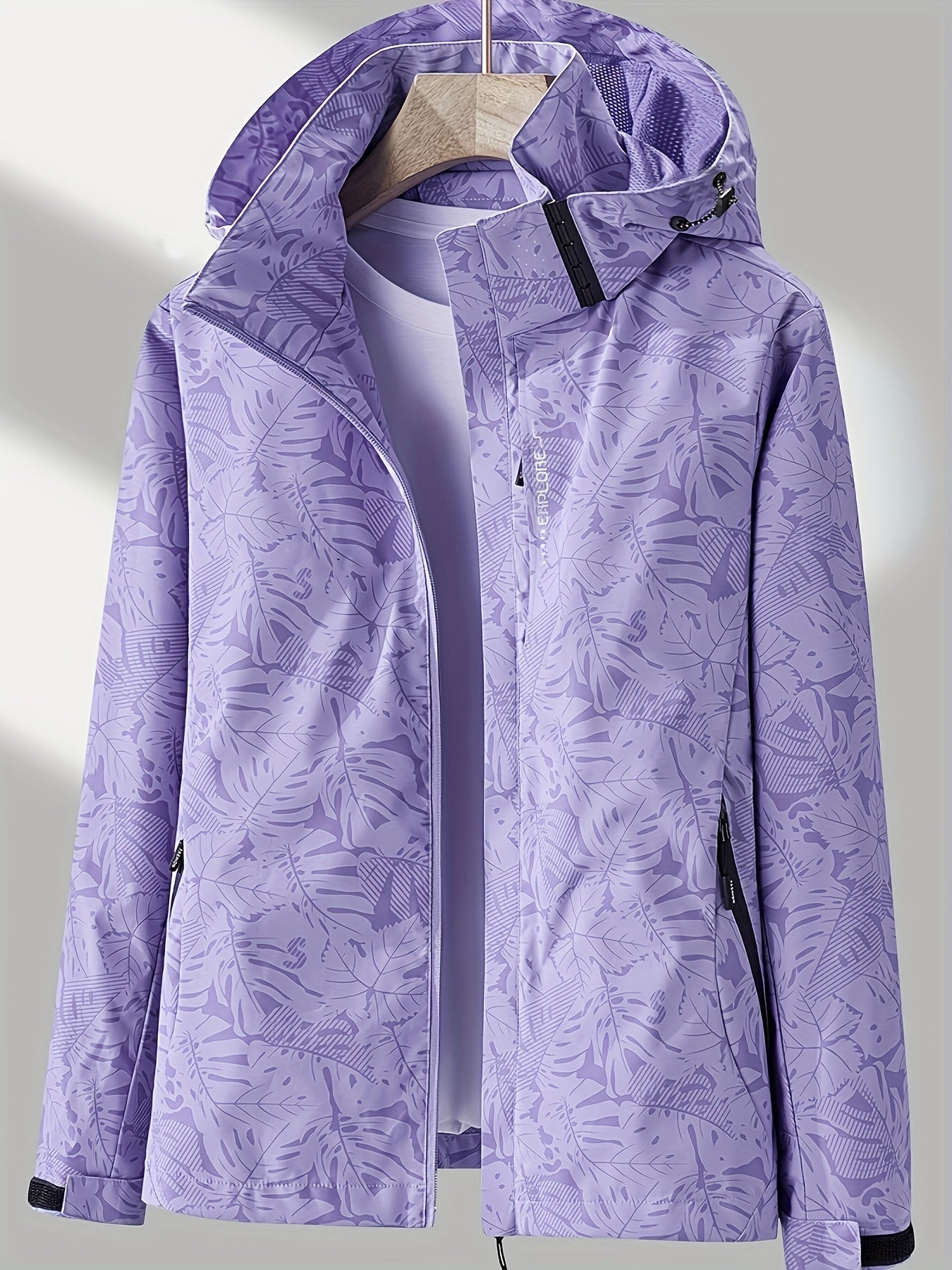 Women's Tropical Leaf Print Lightweight Windproof Hooded Jacket - Image 4