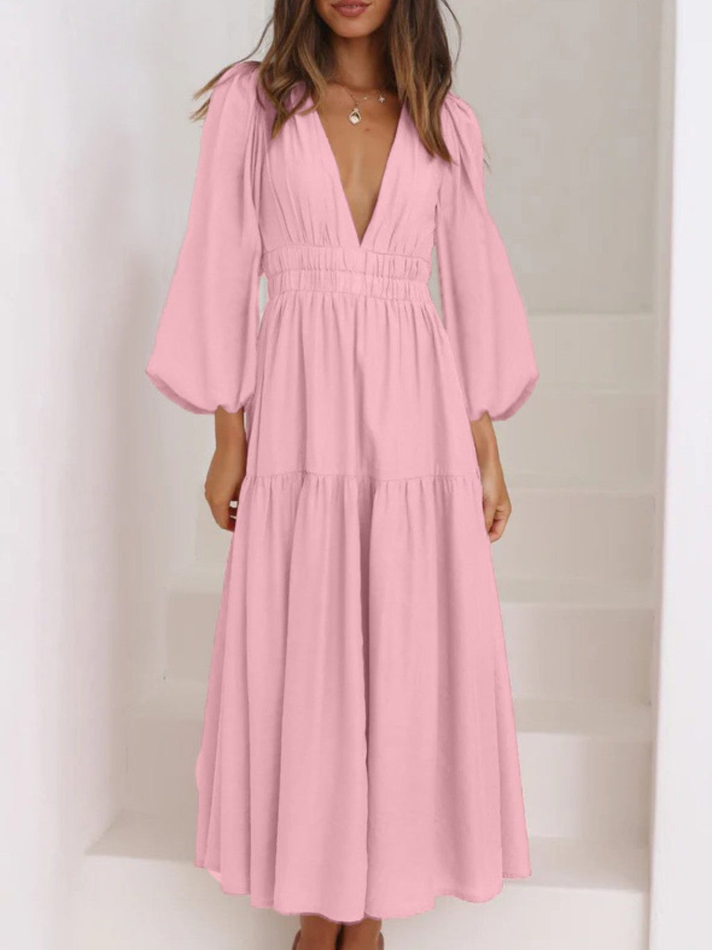 Bohemian Deep V-Neck Maxi Dress with Dramatic Balloon Sleeves