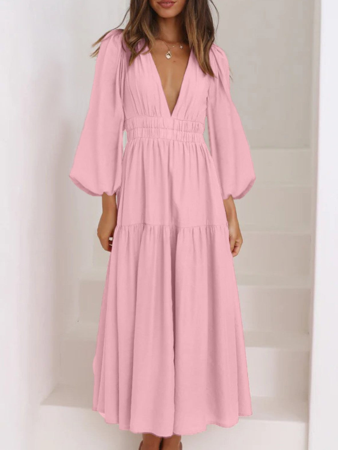Bohemian Deep V-Neck Maxi Dress with Dramatic Balloon Sleeves