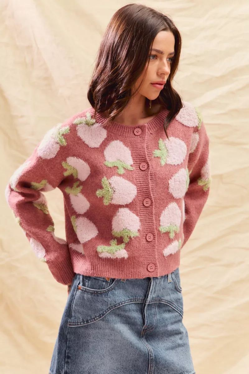 Strawberry All-Over Button Cardigan in Marsala