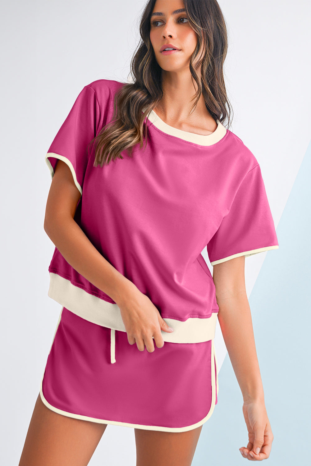 Rose Red Colorblock Drop Shoulder T Shirt & Skort Set