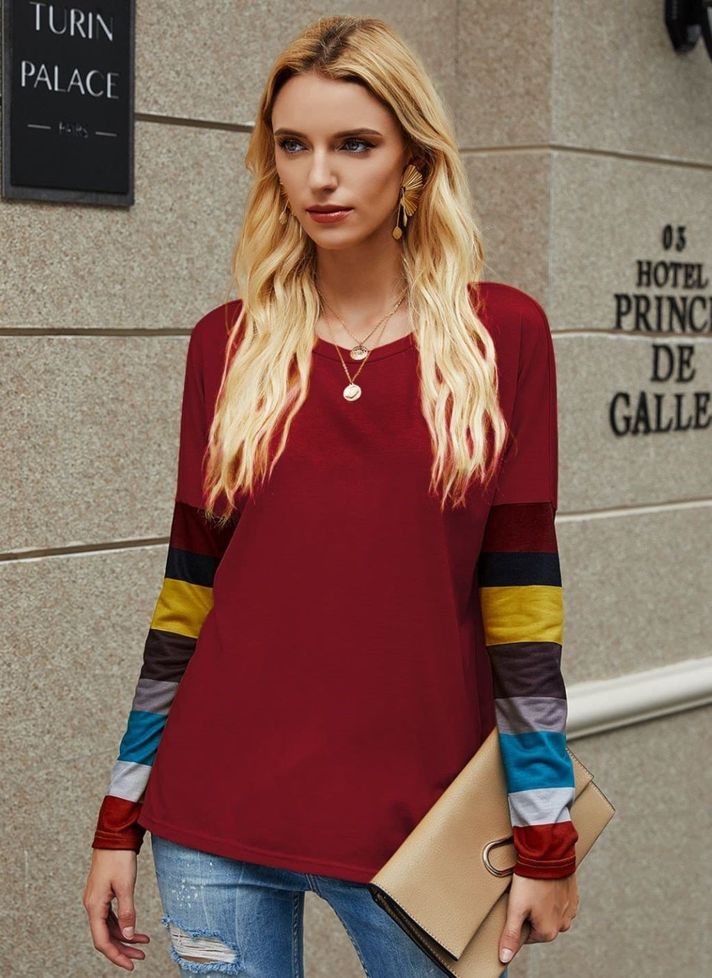 Women's Maroon Long Sleeve Round Neck Sweater with Striped Sleeves - Image 2