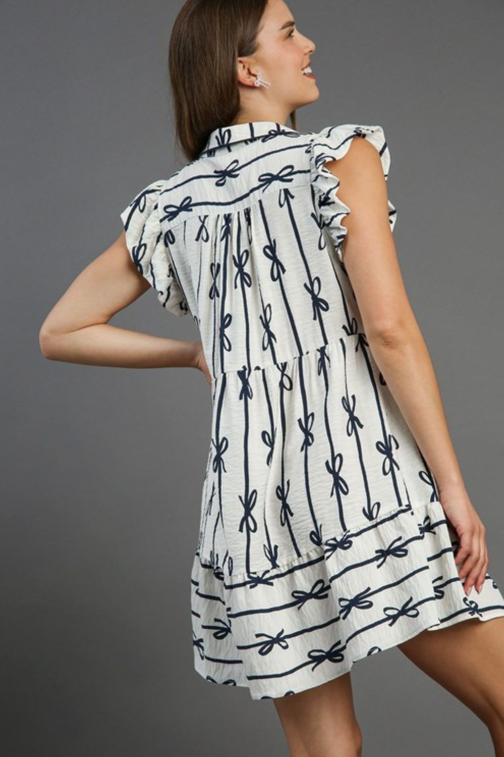 Ribbon Collared Mini Dress with Ruffled Short Sleeves