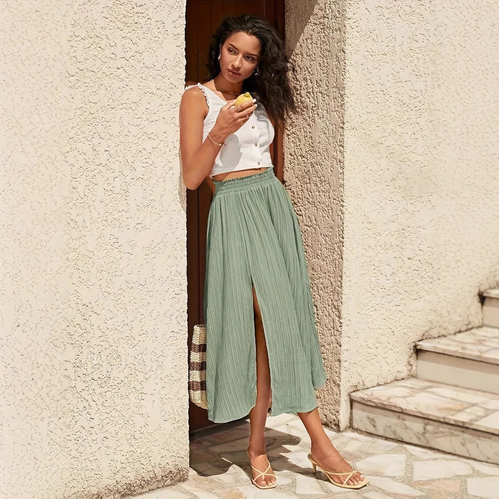Sage Green High-Waisted A-Line Midi Skirt