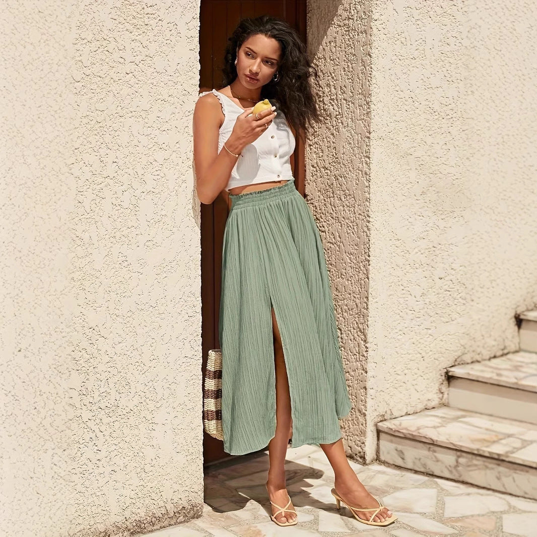 Sage Green High-Waisted A-Line Midi Skirt
