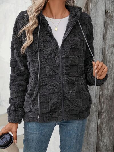 Dark Gray Fuzzy Zip-Up Jacket with Drawstring and Checkered Print