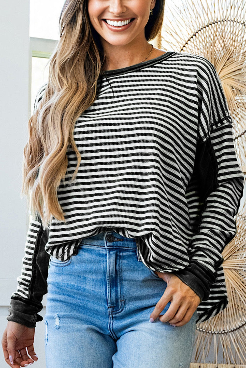Khaki Stripe Thermal Knit Drop Shoulder Casual Top