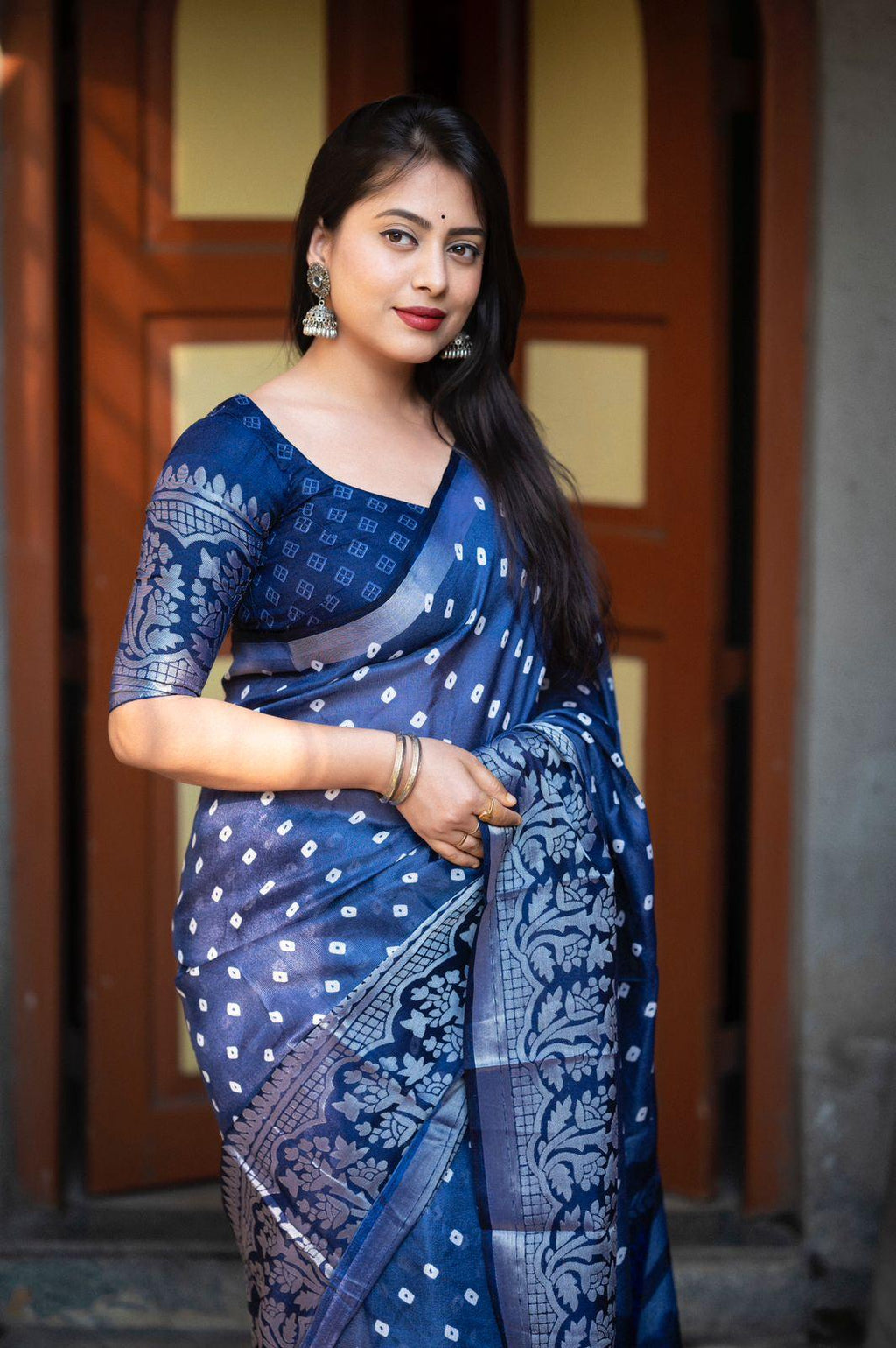 Lightblue Jute Silk Saree with Geometric Print and Silver Border