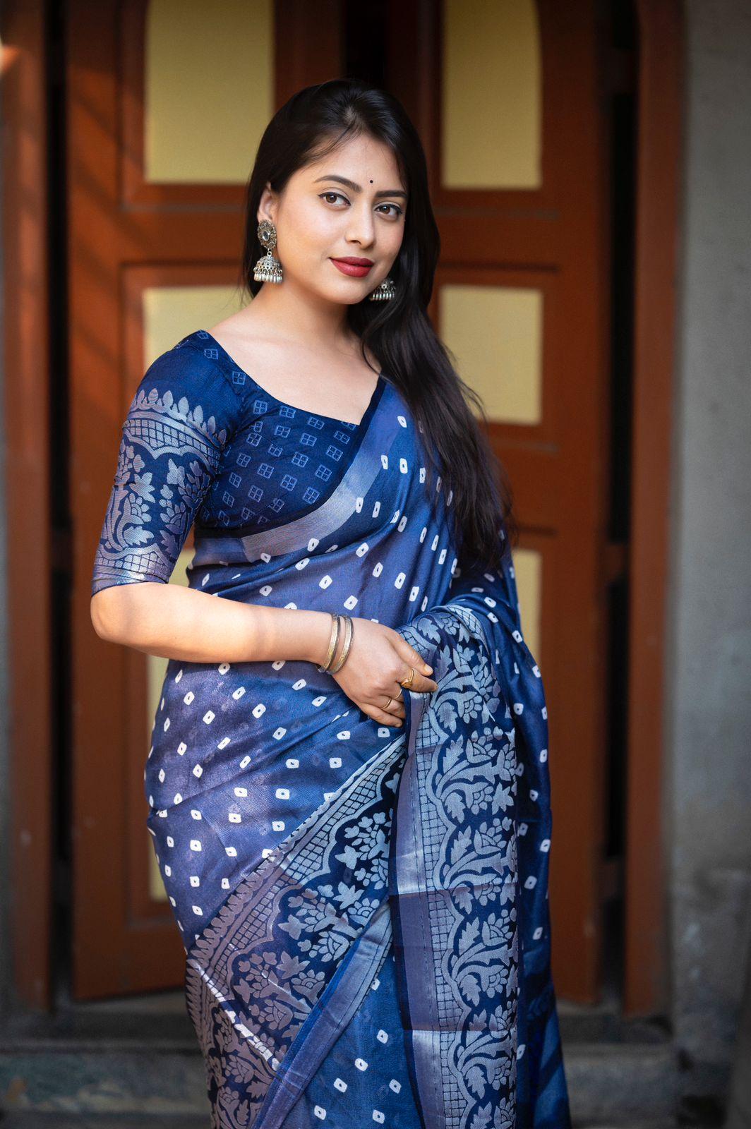 Lightblue Jute Silk Saree with Geometric Print and Silver Border