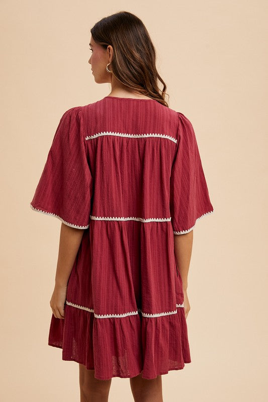 Tassel Contrast Trim Tiered Dress with Tie Neck