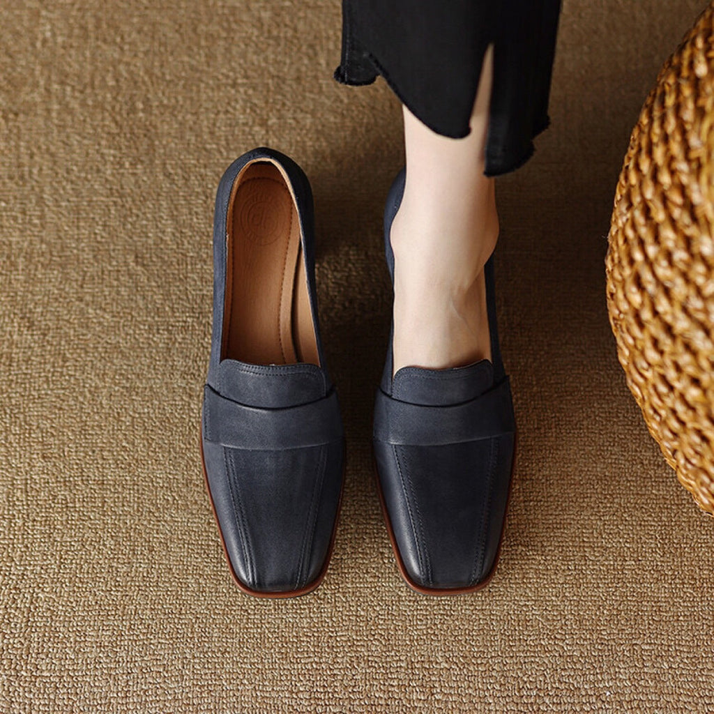 Women's Square Toe Chunky Heel Sheepskin Pumps Retro Dress Shoes - Image 3