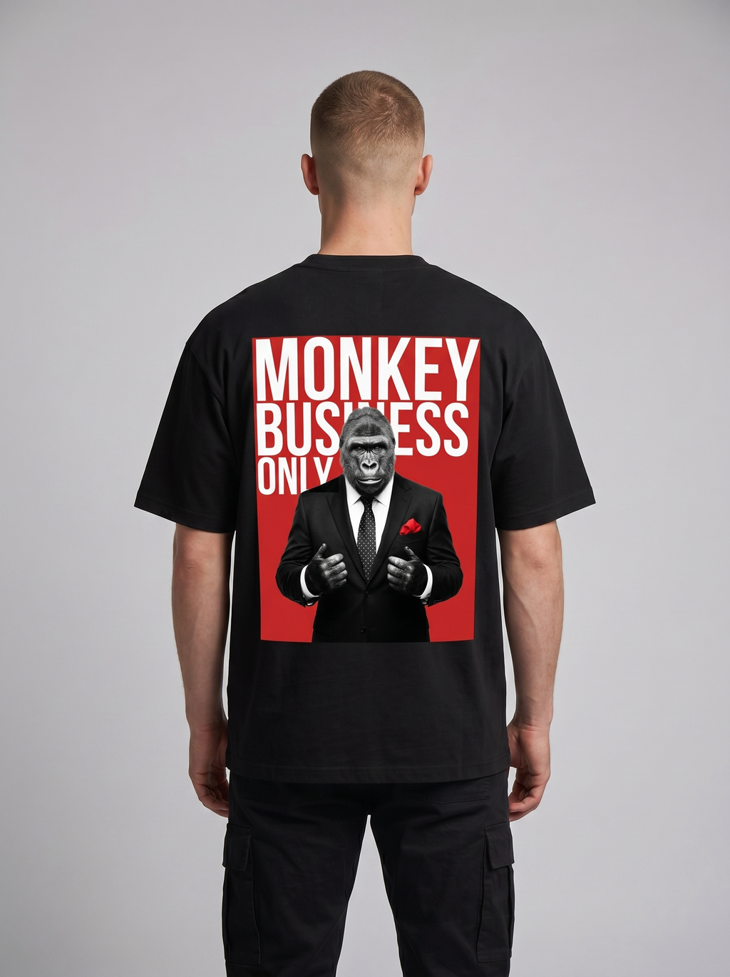 Heavyweight black, red, and white oversized graphic tee with sharp-dressed gorilla print.