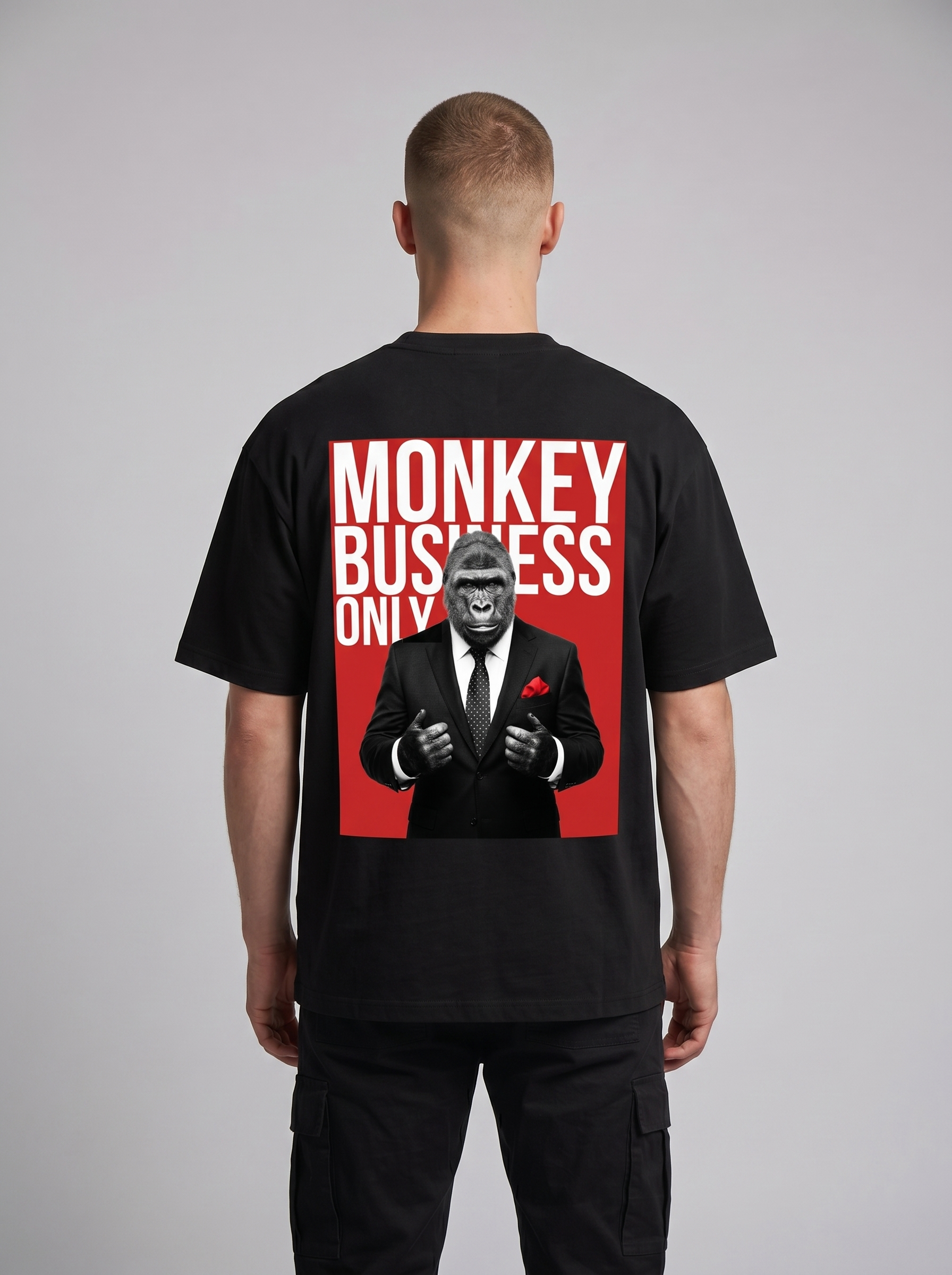 Heavyweight black, red, and white oversized graphic tee with sharp-dressed gorilla print.