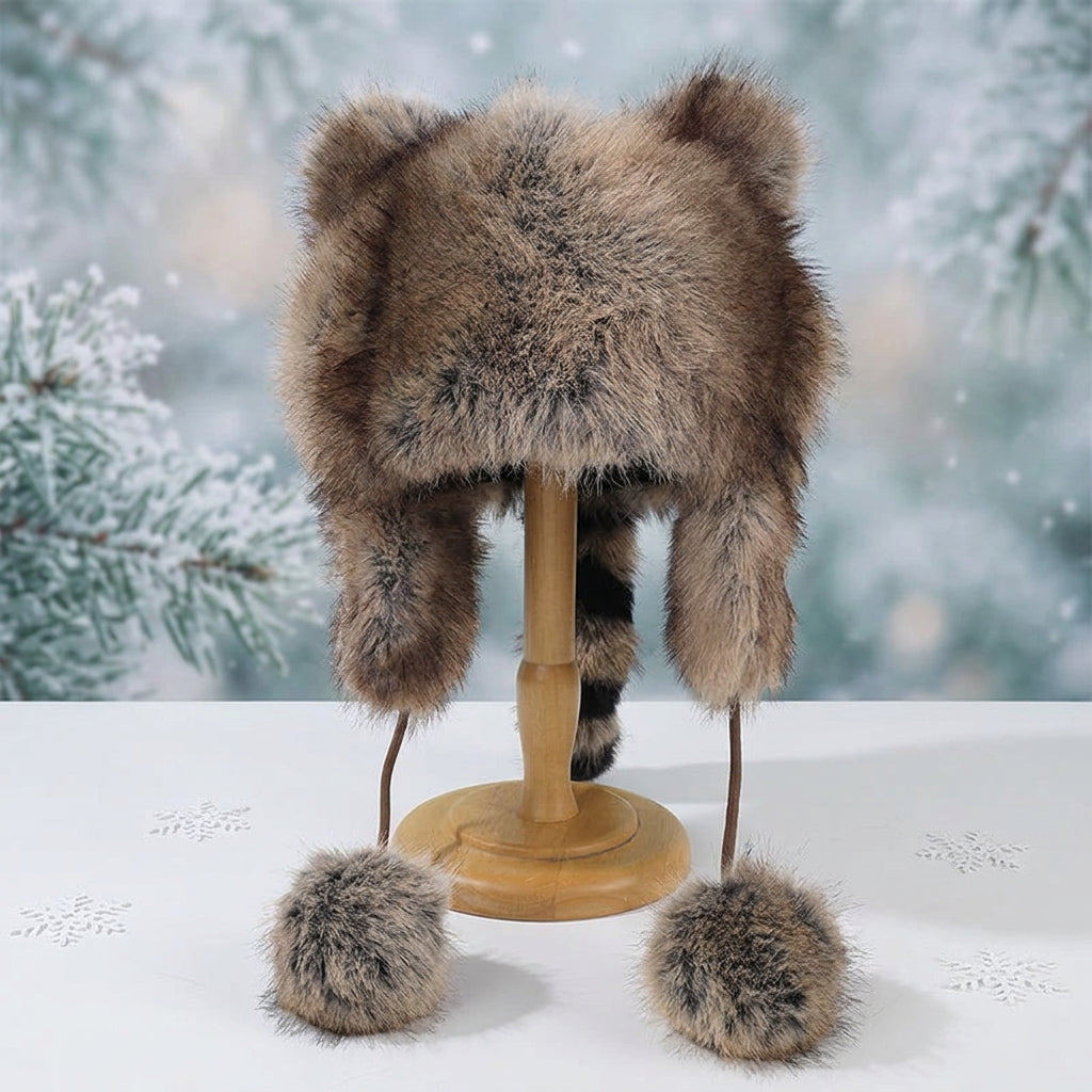 Raccoon Tail Plush Winter Hat with Drawstring