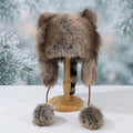 Raccoon Tail Plush Winter Hat with Drawstring