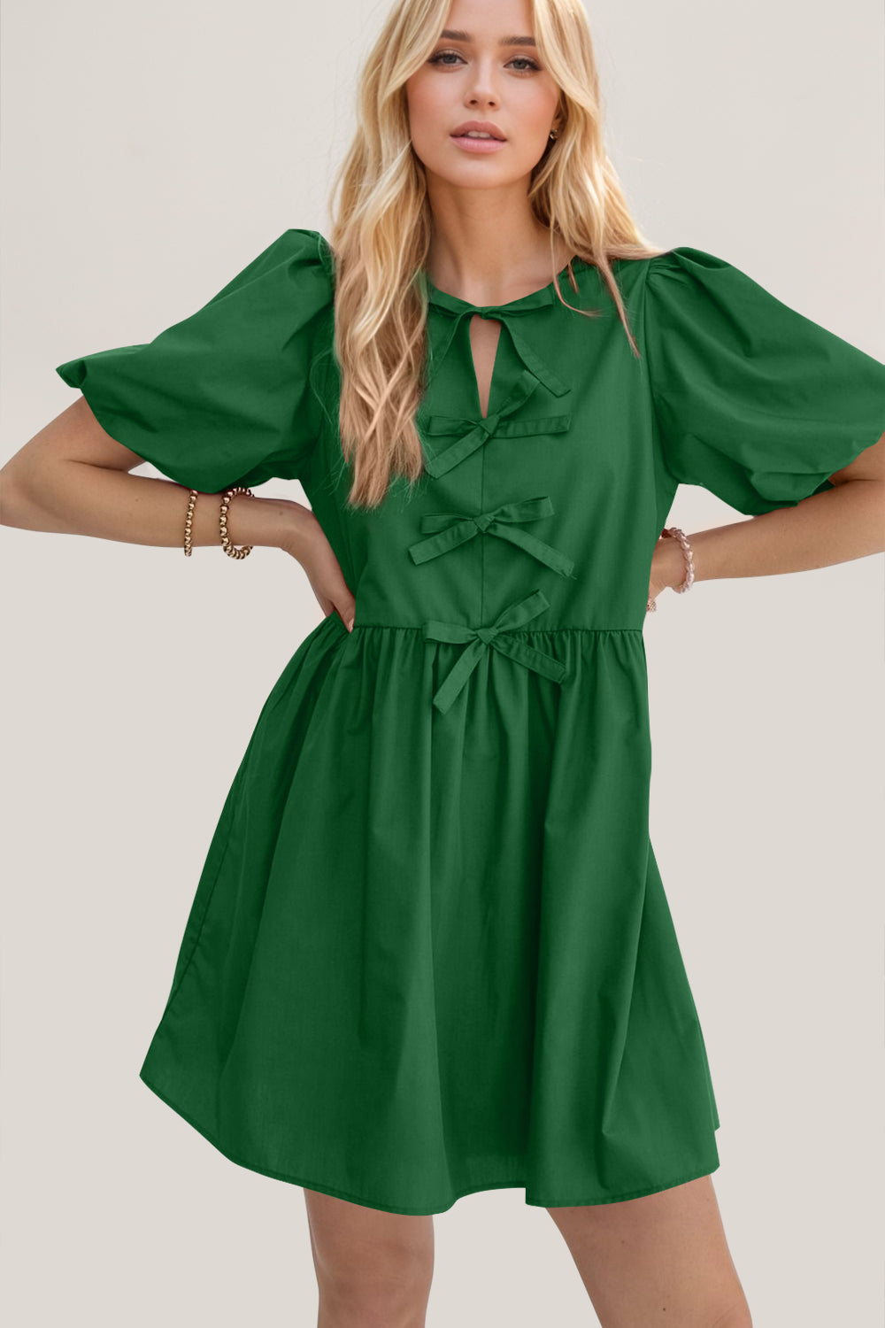 Ruched Puff Sleeve Mini Dress with Bow Detail
