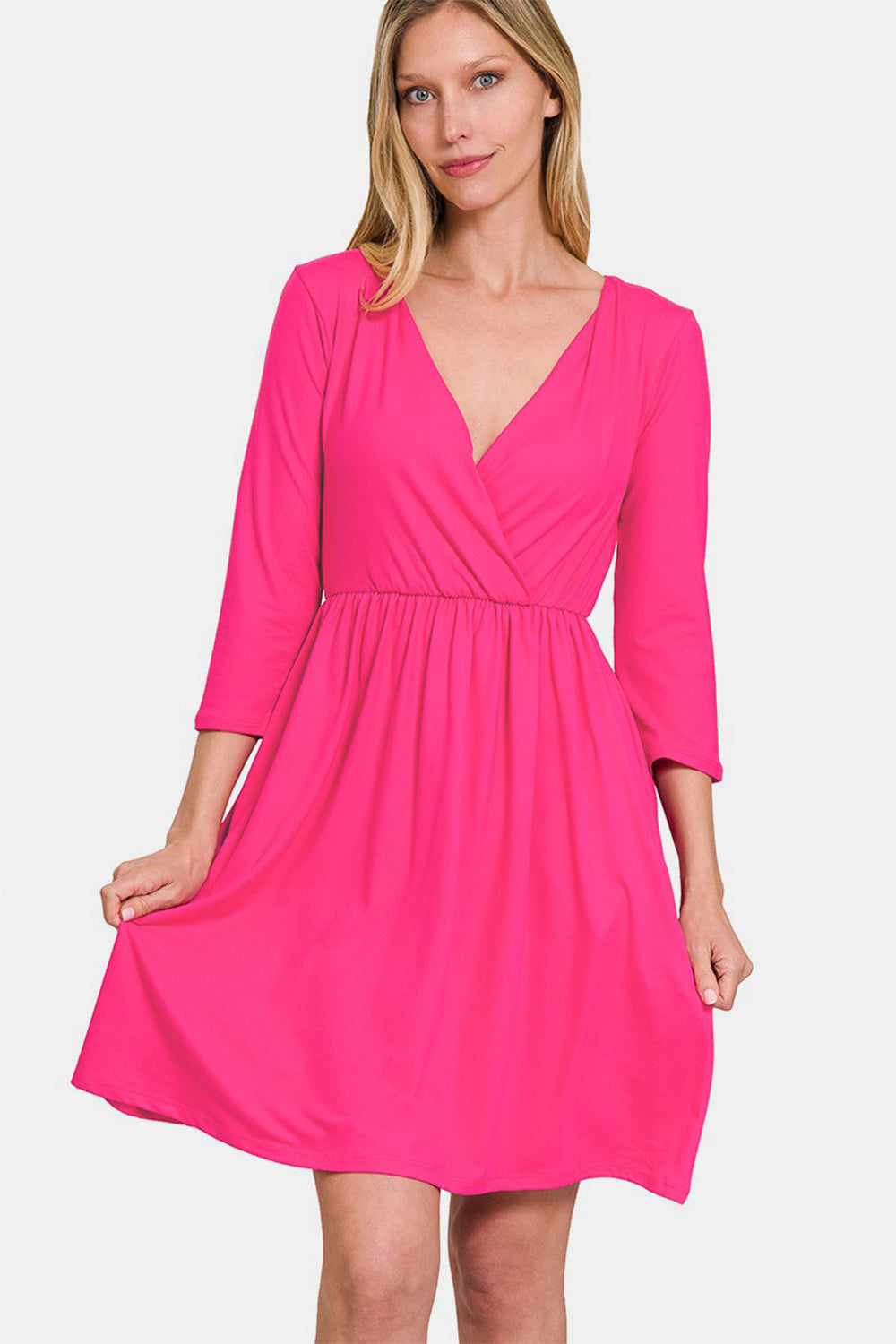 Fuchsia three-quarter sleeve surplice mini dress with pockets
