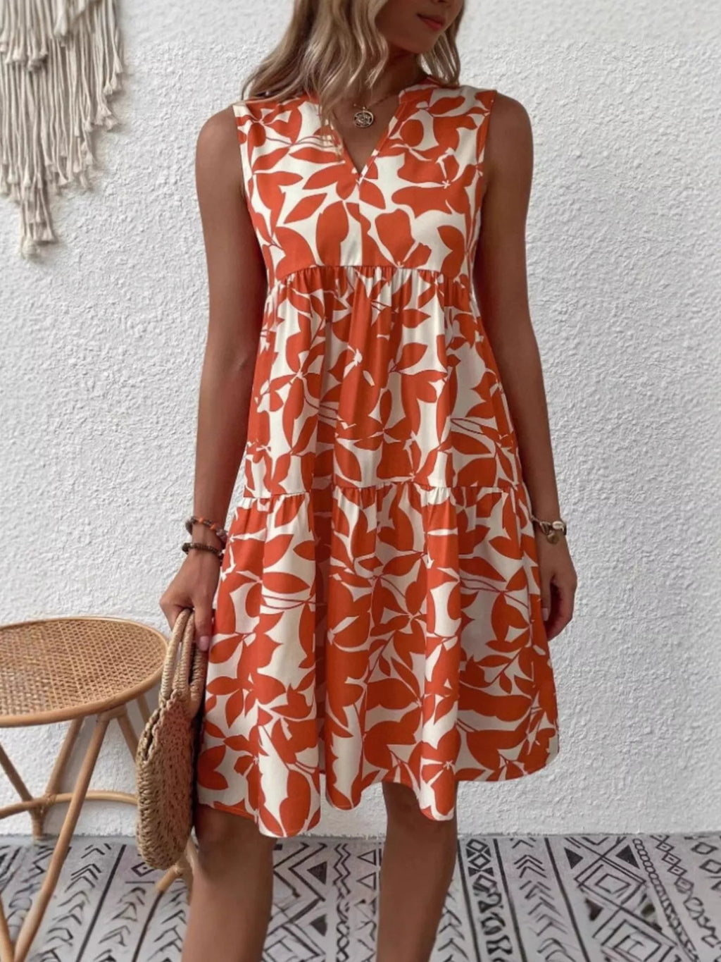 Full Size Printed Notched Sleeveless Mini Dress Plus Size