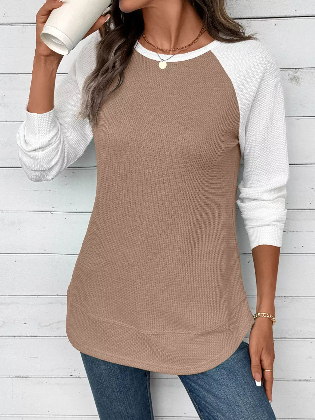 Waffle Knit Raglan Sleeve T-Shirt | Relaxed Fit Crew Neck