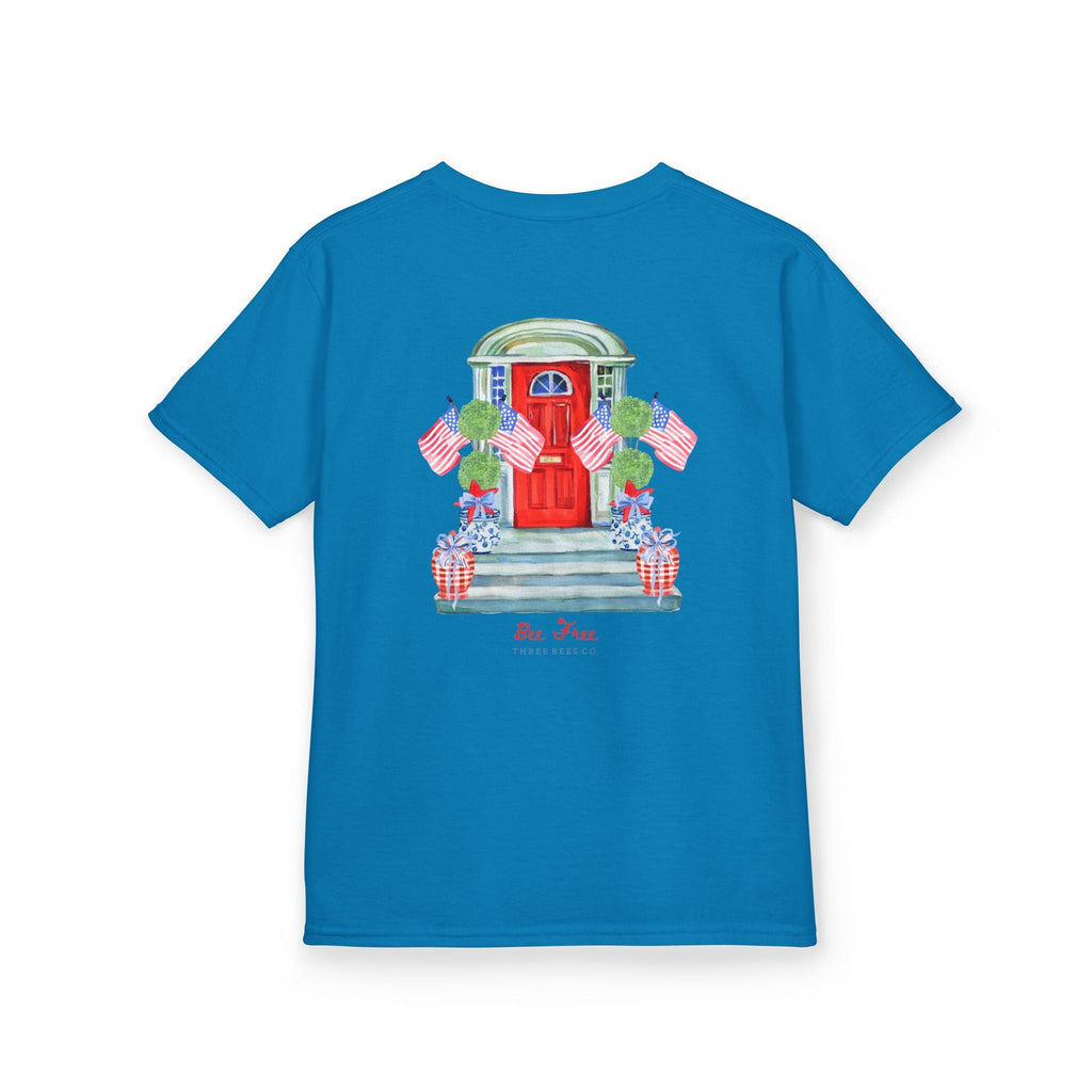 Bee Free Patriotic American Flag Front Porch Girls Short Sleeve Youth Hive Tee