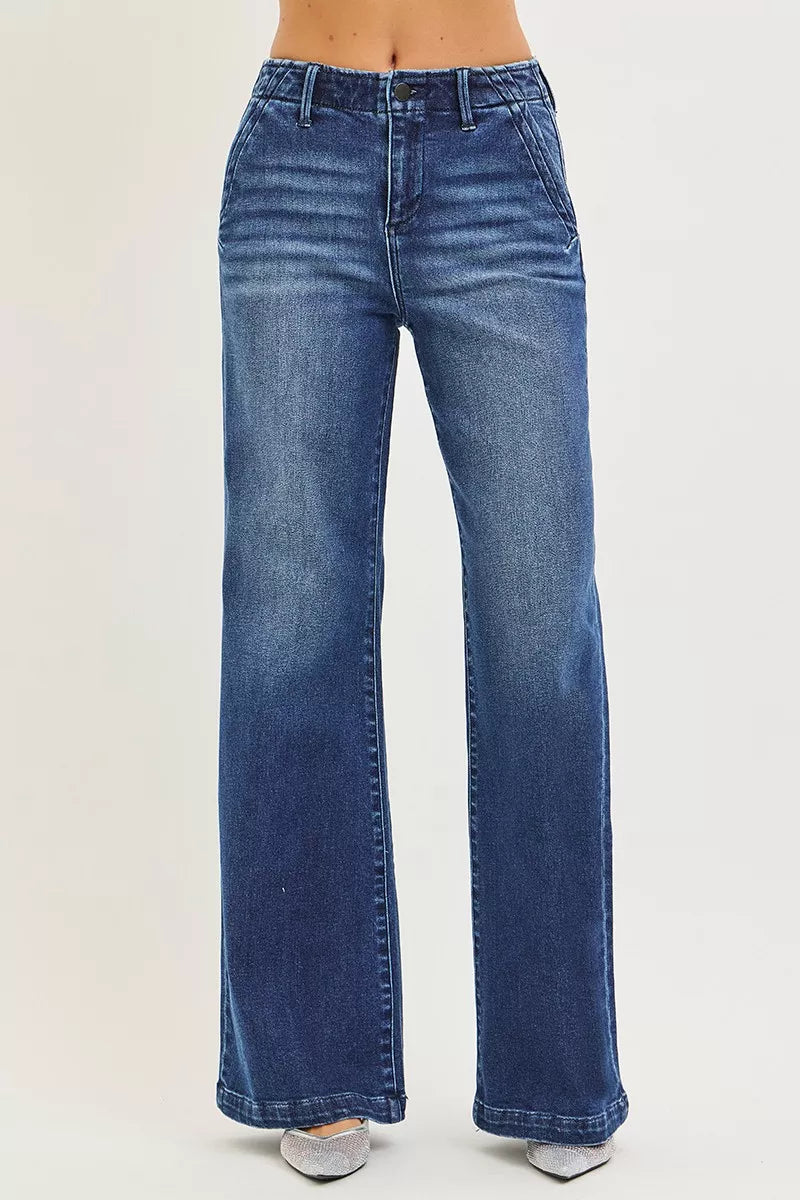 RISEN High Rise Wide Leg Slanted Pocket Jeans