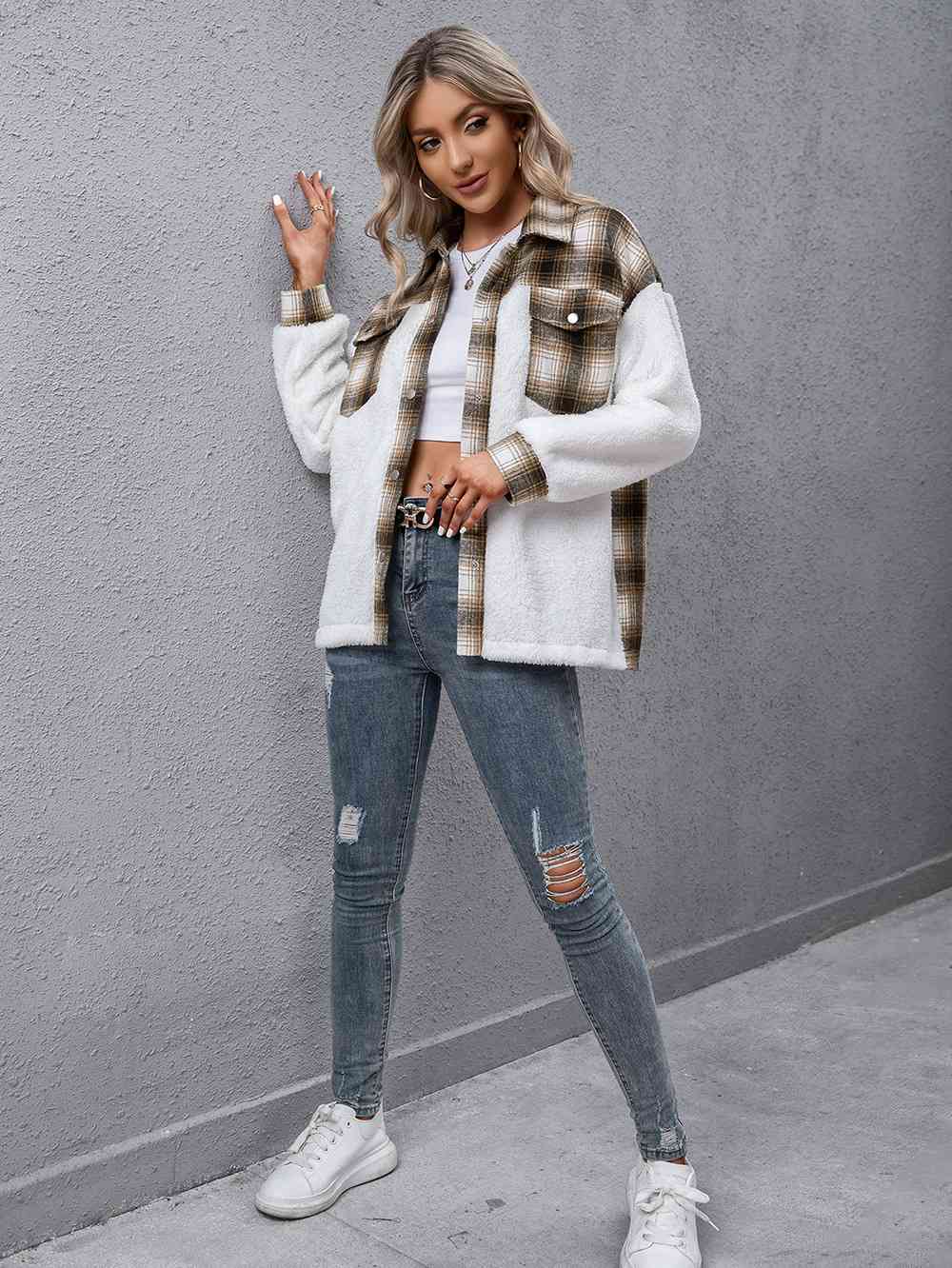 Modern white and brown plaid button-down jacket with a collared neck