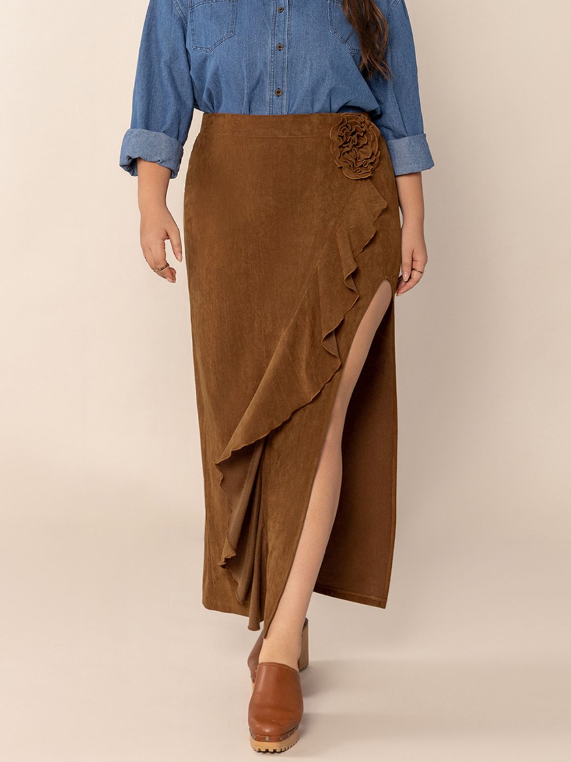 Ruffled Slit High Rise A-Line Skirt in Brown | Floor Length