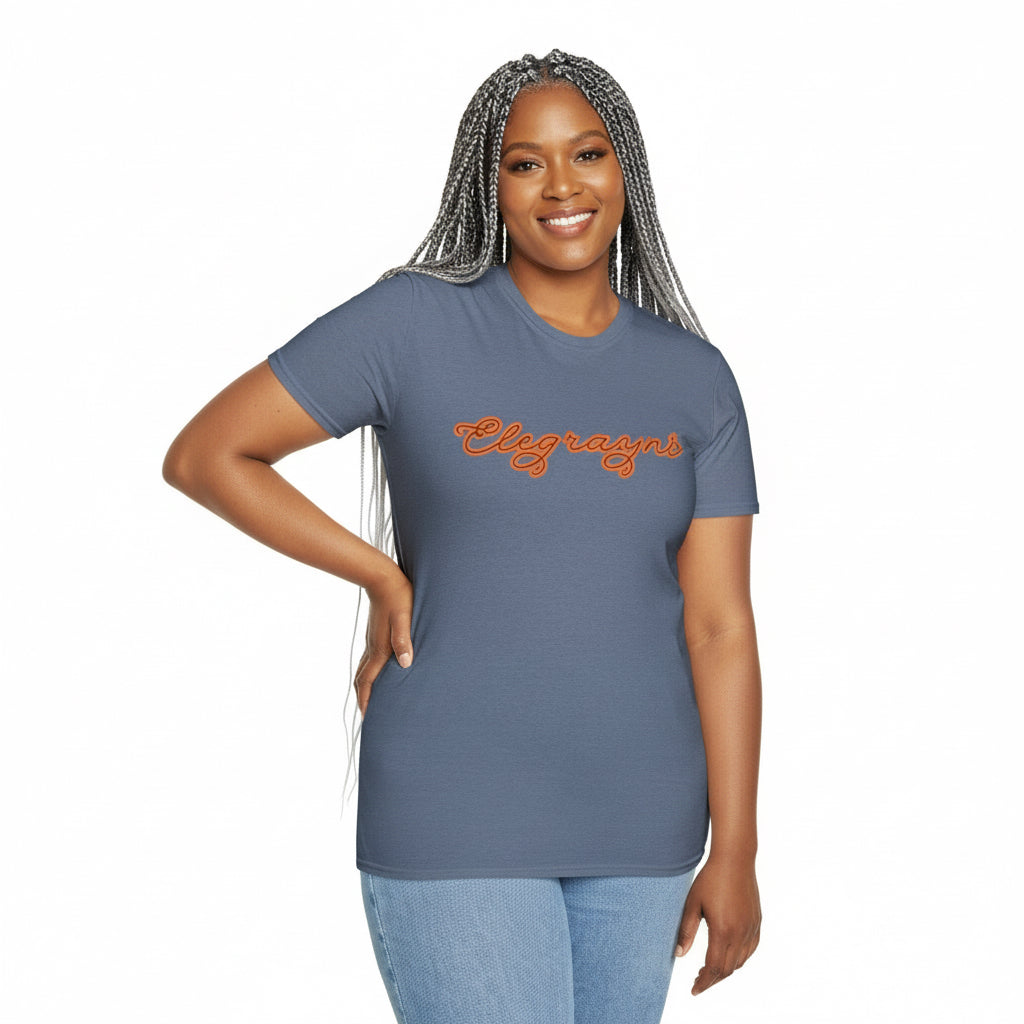 Unisex Softstyle Crewneck T-Shirt in Dark Heather Grey and Orange