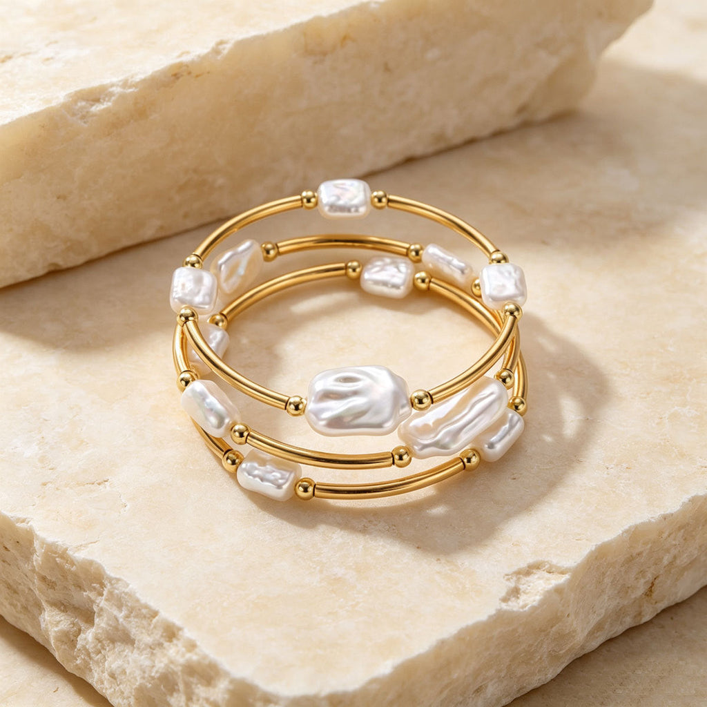 Women Irregular Baroque Faux Pearl Stretch Bangle, Elastic Adjustable Stackable Thin Bracelet Gold Rhodium Two Tone Plated Minimalist Daily Jewelry Gift