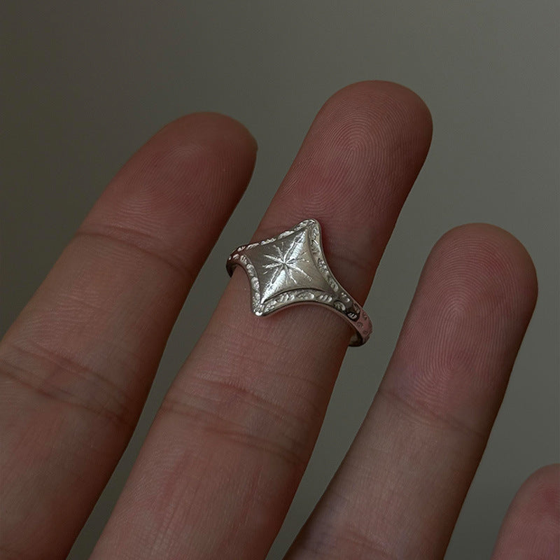 Vintage Cold Style Silver Brushed Star Ring, Retro Fashion All-Match Personalized Heavy Carved Gold Index Finger Ring