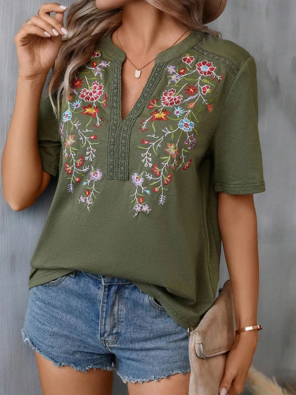 Boho Floral Embroidered Notched V-Neck Lace Trim Top
