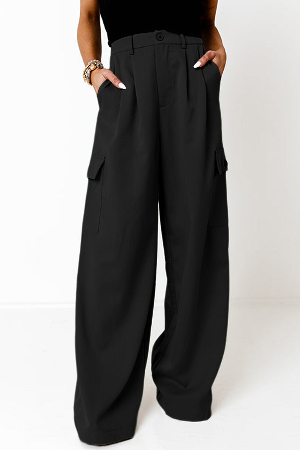 Ruched Wide Leg Pants with Pockets - Olive Green
