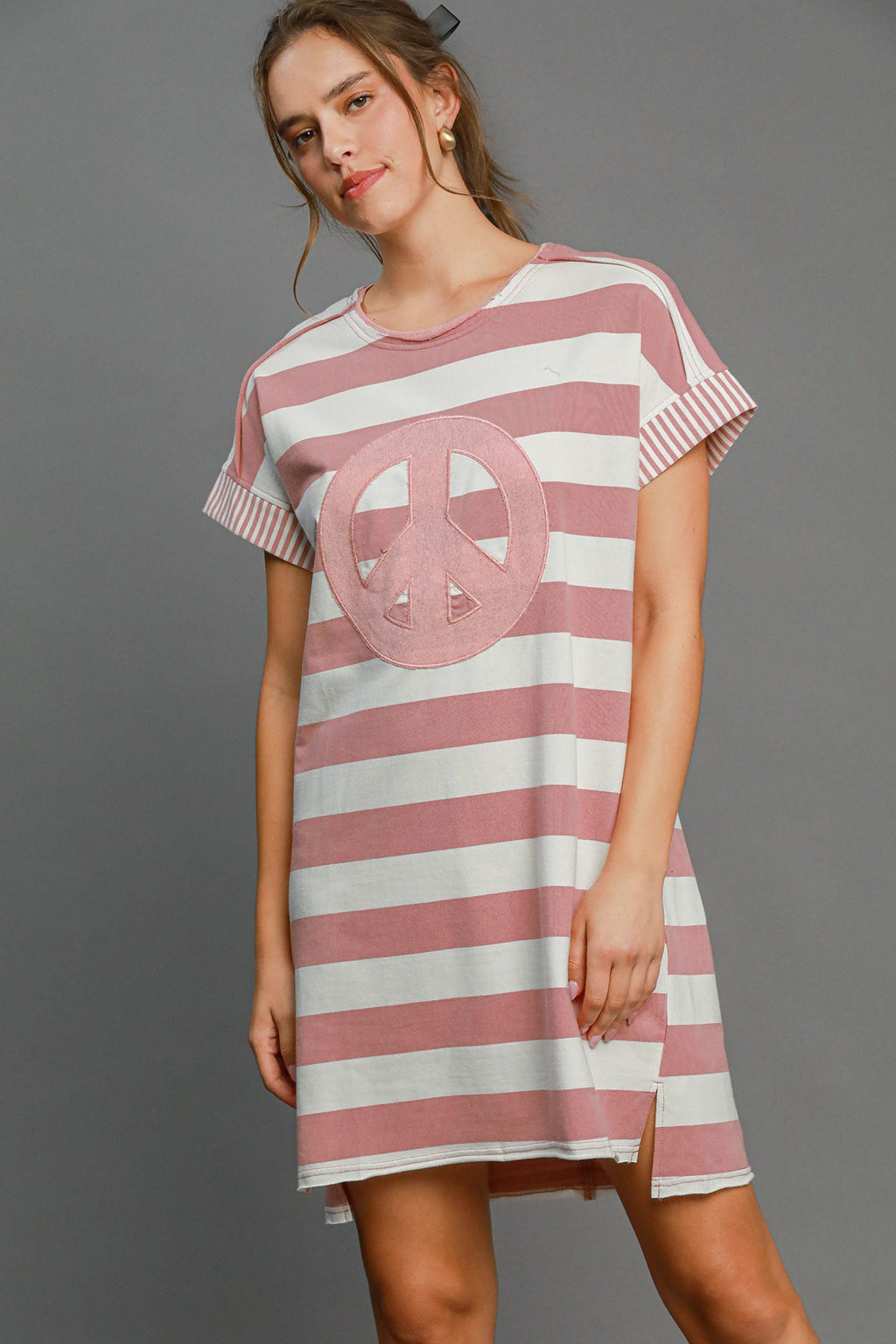 Peace Applique Striped Mini Dress with High-Low Hem