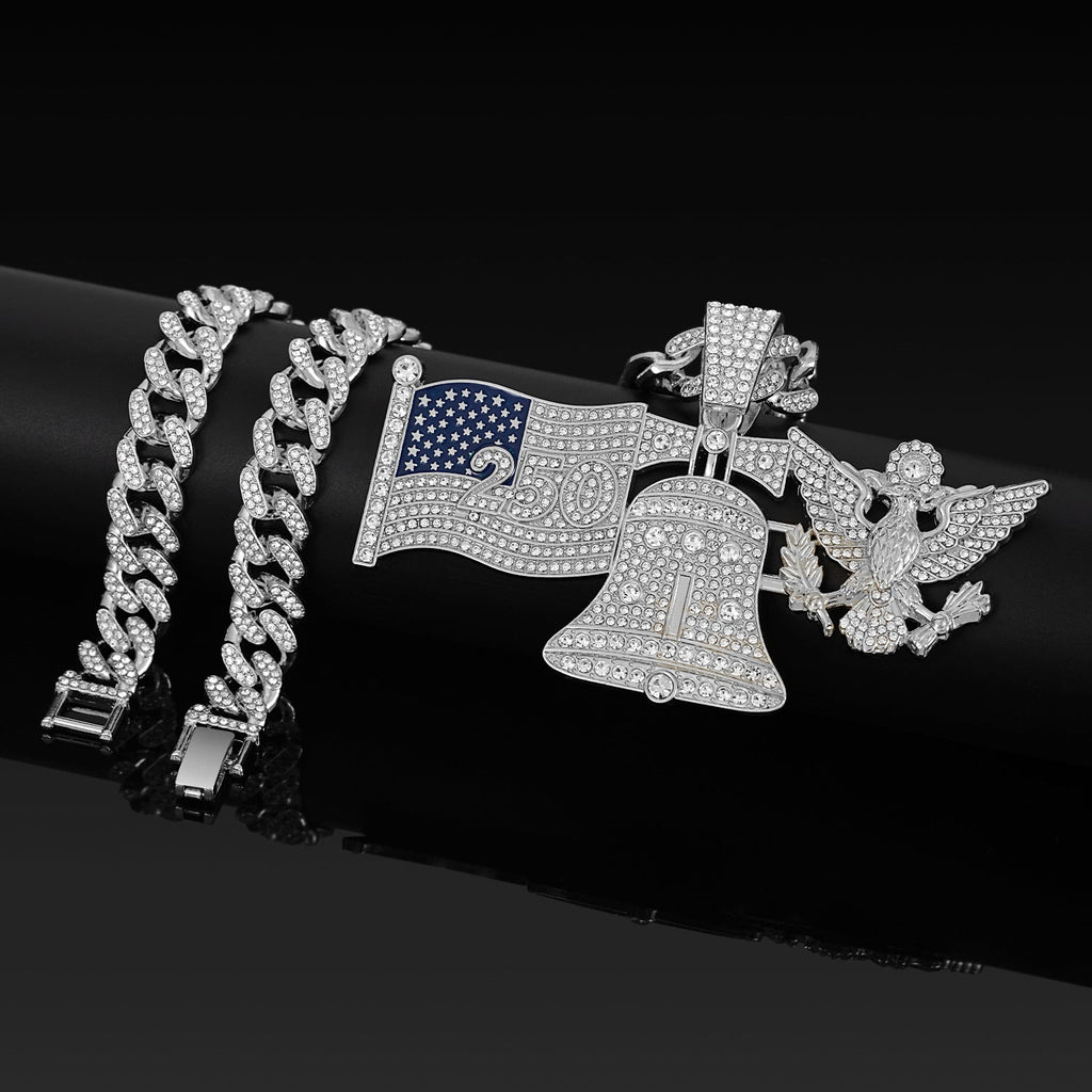 American 250Th Anniversary Liberty Bell White Eagle Pendant Necklace Alloy Diamond-Encrusted Cuban Chain Hip-Hop Accessory