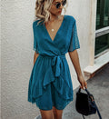 Women Polka Dot V-neck High Waist Dress Waist Trimming Ruffles Lace-up Dress