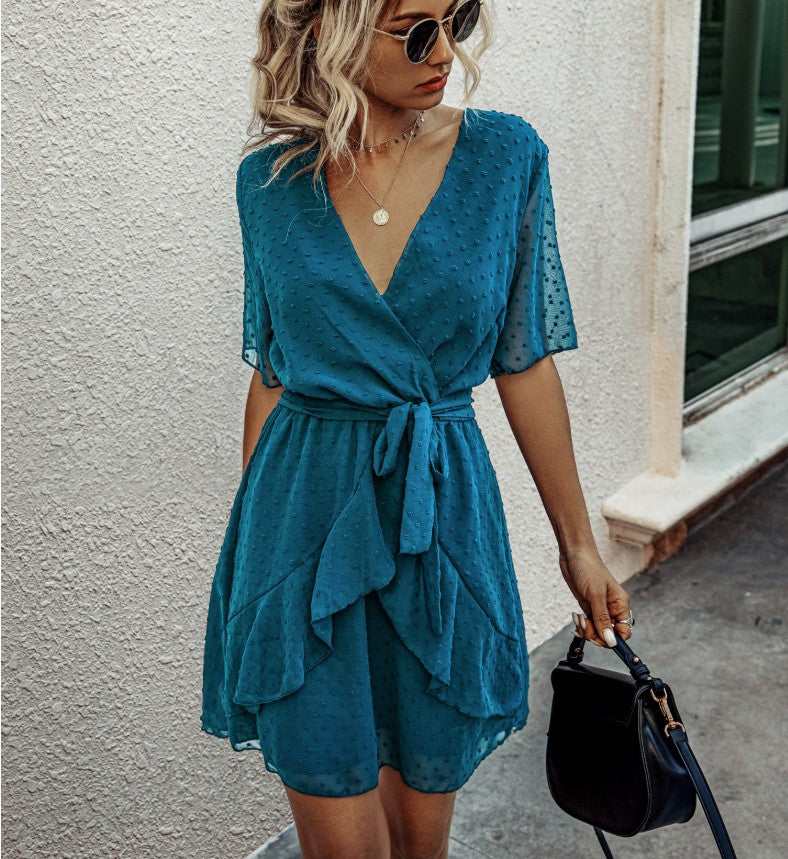 Women Polka Dot V-neck High Waist Dress Waist Trimming Ruffles Lace-up Dress