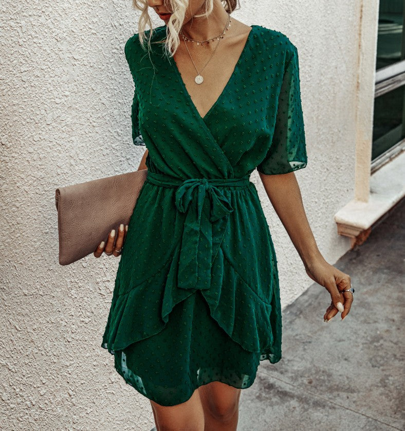 Women Polka Dot V-neck High Waist Dress Waist Trimming Ruffles Lace-up Dress