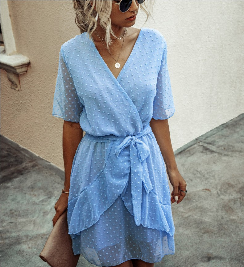 Women Polka Dot V-neck High Waist Dress Waist Trimming Ruffles Lace-up Dress