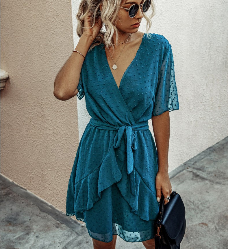 Women Polka Dot V-neck High Waist Dress Waist Trimming Ruffles Lace-up Dress