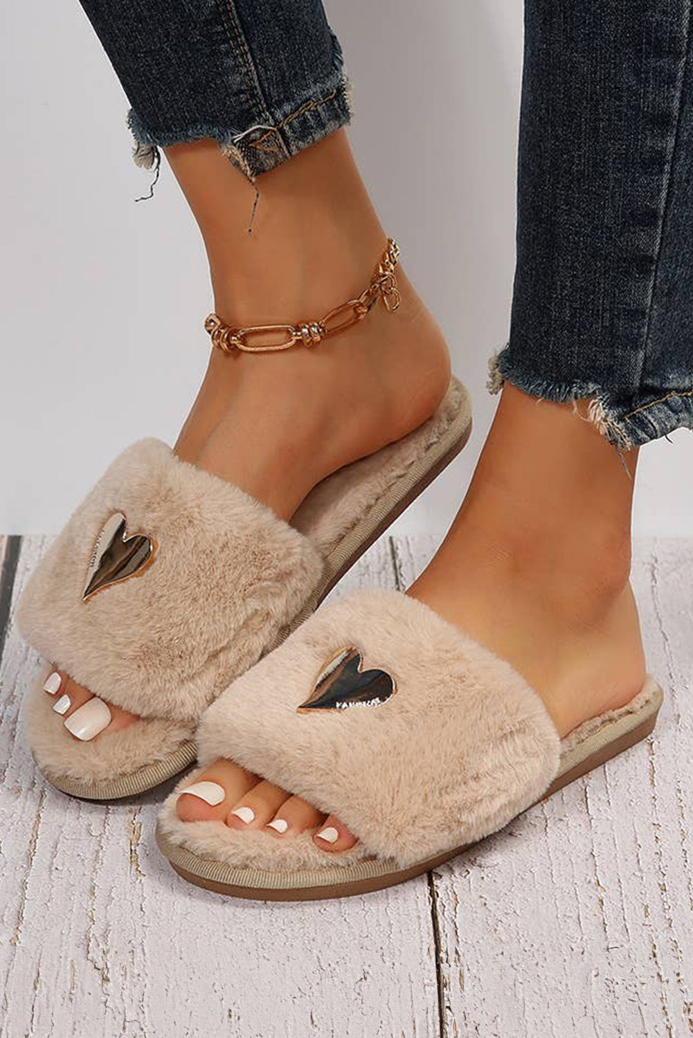 Parchment Heart Buckle Open Toe Plush Slippers