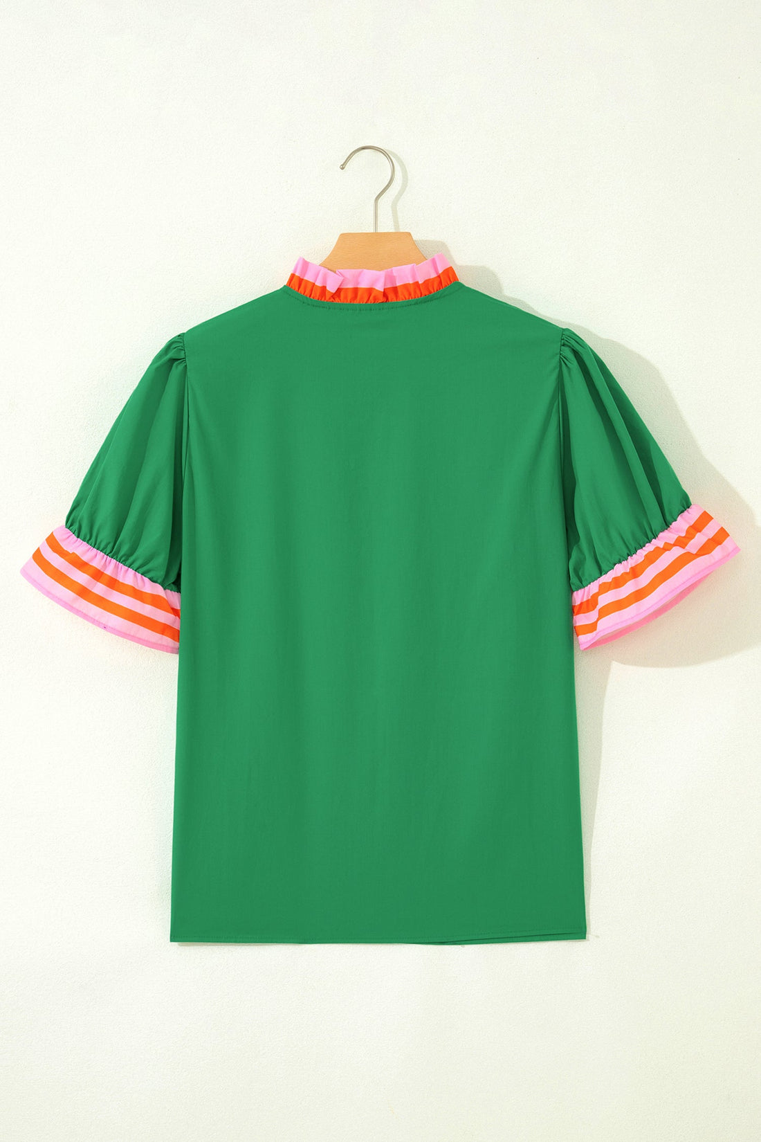 Stripe Frilled Collar Ruffle Short Sleeve Blouse - Green Blue Pink