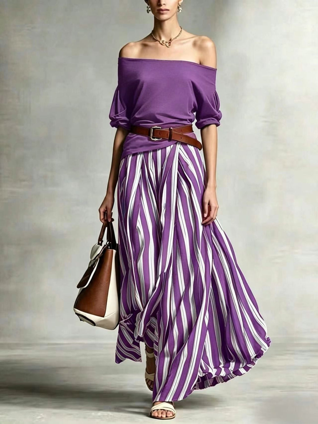 Women's One-Shoulder Bubble Sleeve Top & Stripe Skirt 2-Piece Set