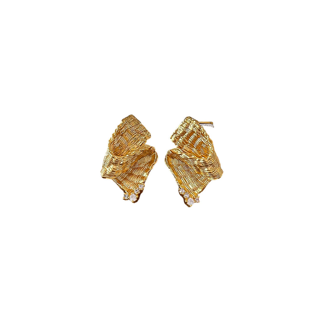 Light-luxury Plated Leaf Earrings With Irregular Diamond Inlay